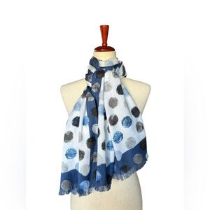 White House Black Market Blue Polka Dot Printed Scarf Fringe Edges Gift For Her